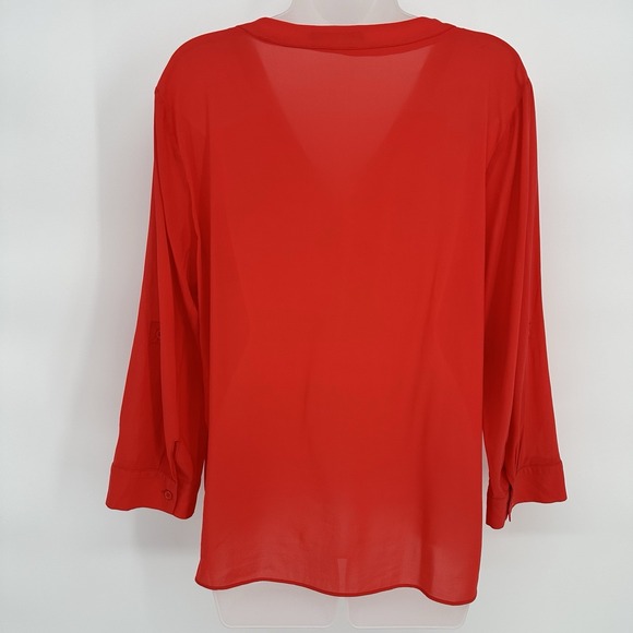 Alice + Olivia Sz L Red Silk Roll Tab Sleeve V Neck Classic Blouse Career Office - Picture 4 of 12